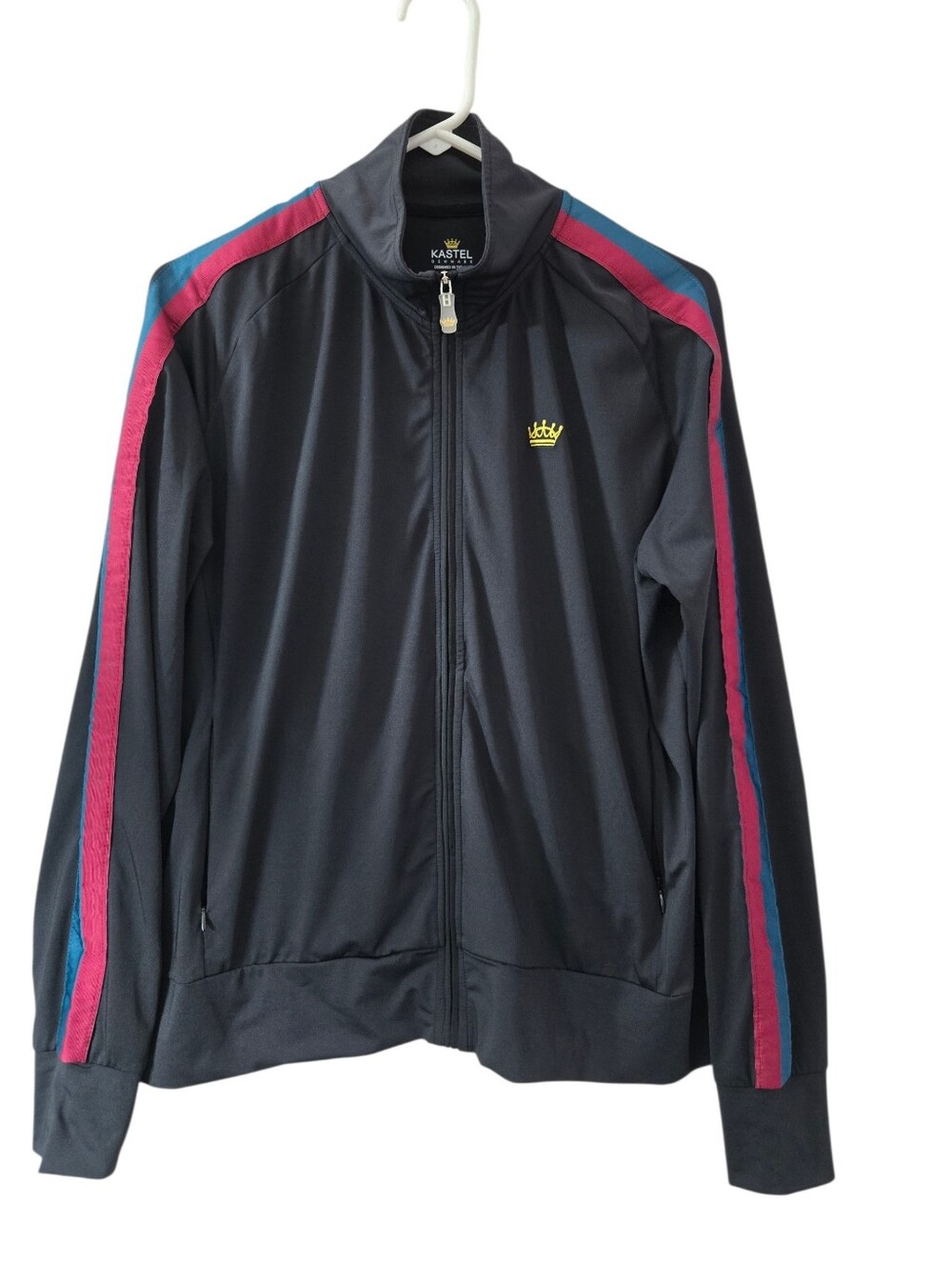 Kastel Denmark Black Crown Jacket Full Zip Stripe Sleeves Pockets Thumbholes